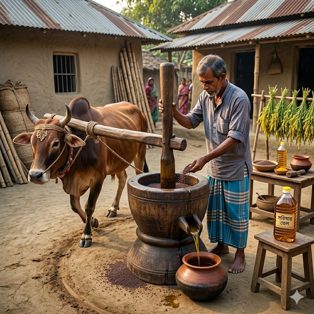 কুঠিবাড়ির ঐতিহ্যবাহী ঘানি ভাঙা সরিষার তেল তৈরির দৃশ্য। গরু দিয়ে চালিত কাঠের ঘানিতে সরিষা থেকে খাঁটি তেল নিষ্কাশন করা হচ্ছে।