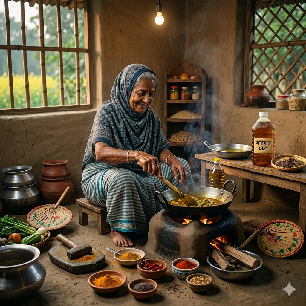 ঐতিহ্যবাহী বাংলাদেশি রান্নাঘরে মাটির চুলায় রান্না করছেন একজন দাদীমা। জানালায় সরিষার ক্ষেত দেখা যাচ্ছে এবং পাশে কুঠিবাড়ি সরিষার তেলের বোতল রাখা।